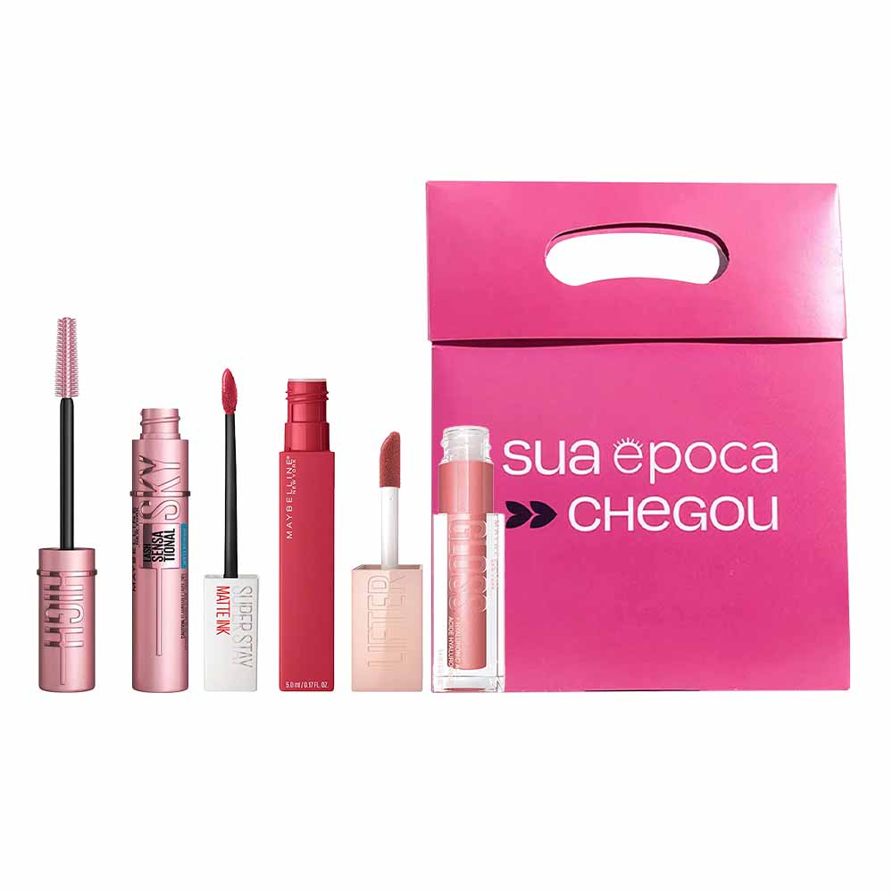 Kit de Natal Maybelline - Máscara de Cílios + Batom Líquido + Gloss Labial + Sacola Presenteável